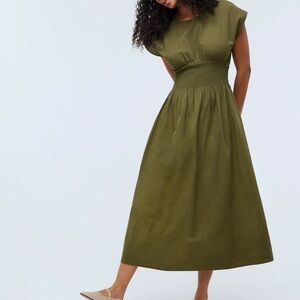 Madewell Smocked Waist Midi Dress Striped Seersucker Desert Olive XS